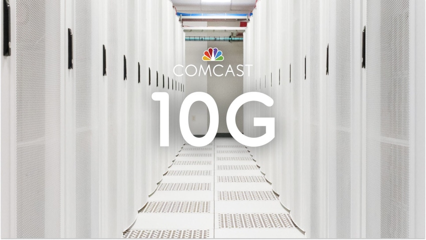Comcast 10G image with Comcast logo against racks of equipment in a data center powering the operators virtualized cloud architecture.