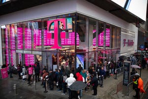 T-Mobile store with people lined up outside