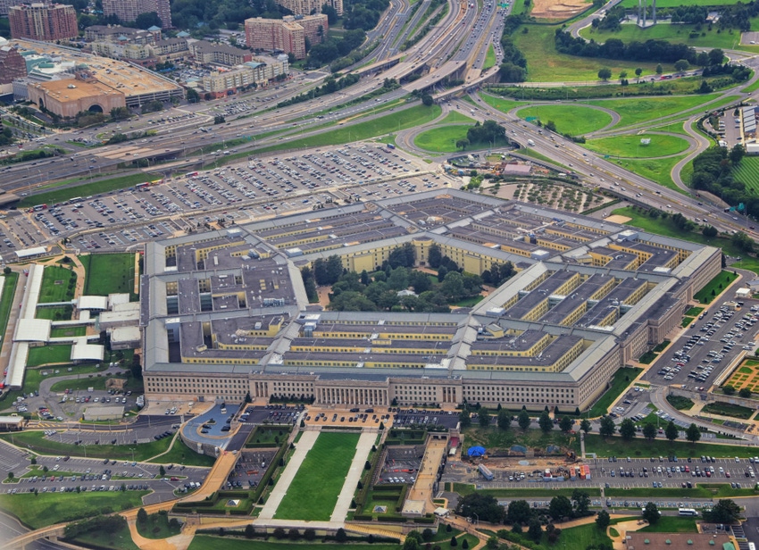 Aerial view of the United States Pentagon, the Department of Defense headquarters in Arlington, Virginia, near Washington DC