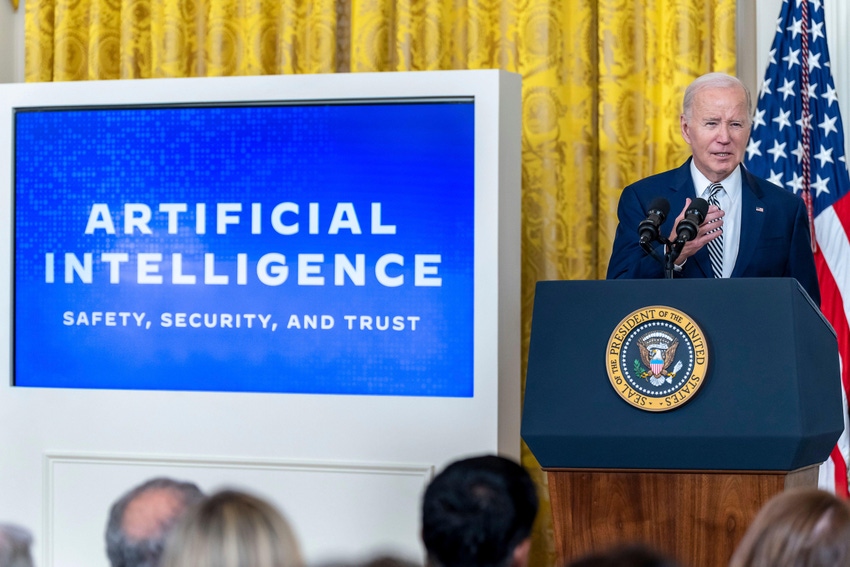 President Joe Biden delivers remarks before signing an Executive Order on Artificial Intelligence in the White House