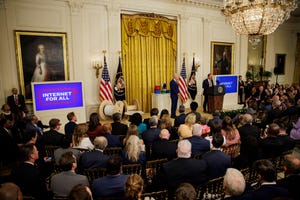 An event highlighting the Biden administration's investment in high-speed internet access in the East Room of the White House, July 2023.