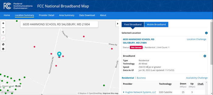 Example of an unserved location on the new FCC broadband map. (Source: FCC)