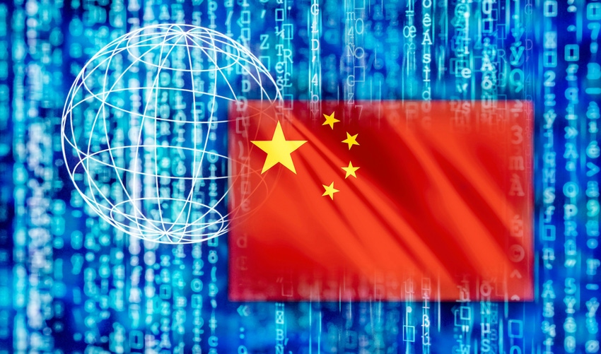 China digital power with Chinese flag, matrix and globe