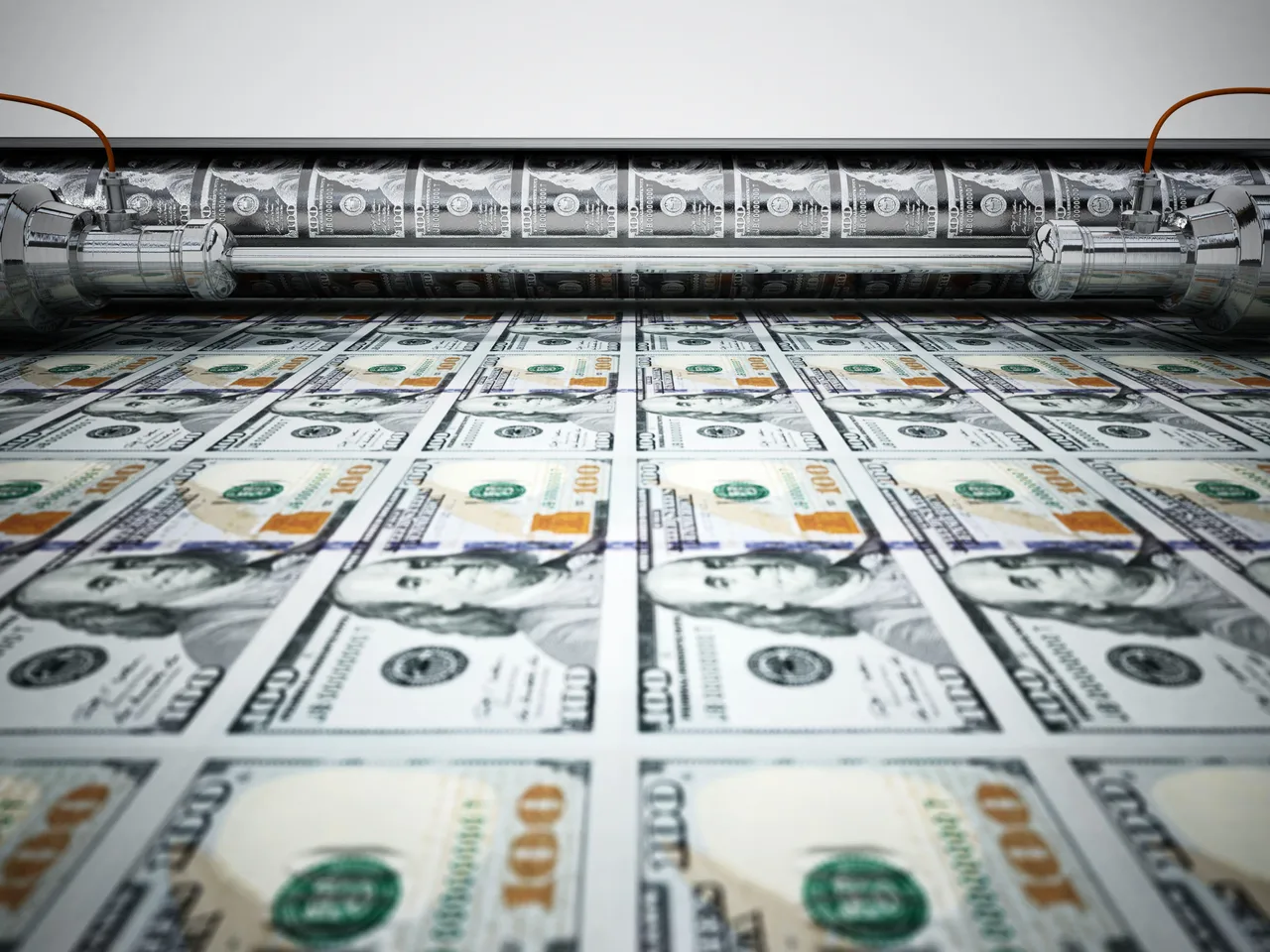 Money printing machine printing 100 dollar banknotes. 3D illustration Money printing machine printing 100 dollar banknotes. 3D illustration