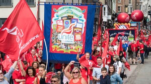 Unite union workers marching