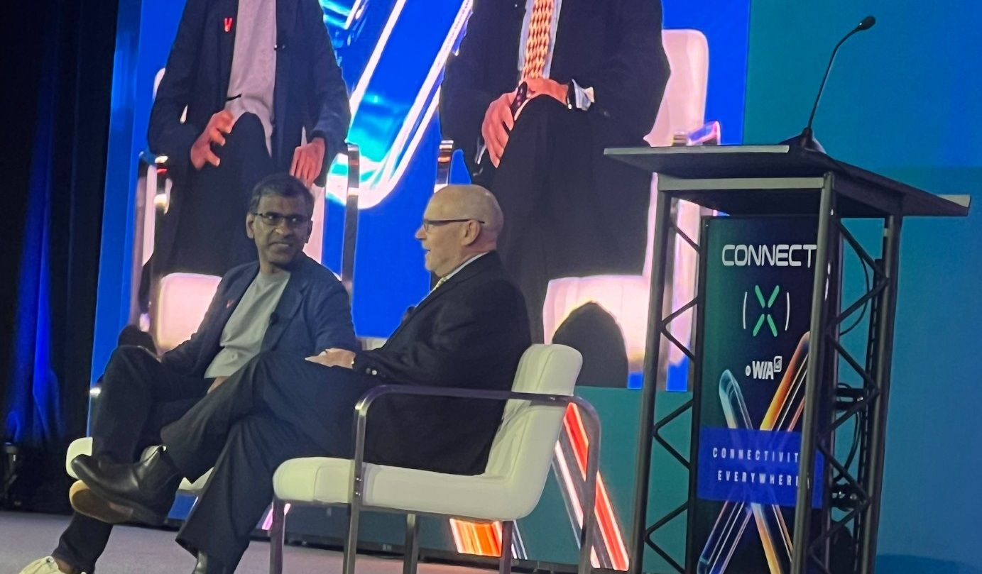 (Source: Jeff Baumgartner/Light Reading) Srini Kalapala, SVP and chief network officer, wireless (left), takes questions from Jeff Mucci, founder and CEO, RCR, on May 5, 2026, at Connect(X) in Ft. Lauderdale, Florida. (Source: Jeff Baumgartner/Light Reading) Srini Kalapala, SVP and chief network officer, wireless (left), takes questions from Jeff Mucci, founder and CEO, RCR, on May 5, 2026, at Connect(X) in Ft. Lauderdale, Florida.
