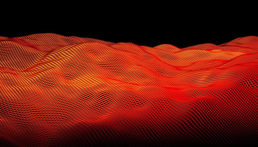 Image of orange geometric grid abstract waves on a black background. 