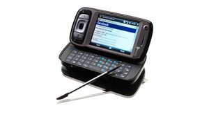 A feature phone with a stylus and flip out keyboard.