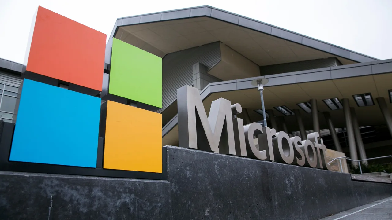 Close-up of the Microsoft logo sign outside headquarters Close-up of the Microsoft logo sign outside headquarters