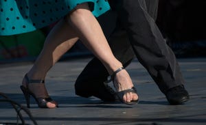 Woman and man tango dancers synchronize their foot movements during a tango exhibition