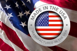 Made in the USA US emblem with a US flag in the background.