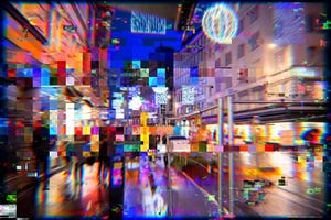 Pedestrians on a busy street in a metaverse conceptual reality illustration