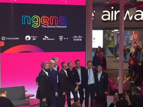 Deutsche Telekom CEO Timotheus Hottges (second from left) with Ngena partners at the operator's MWC stand in Barcelona. 
