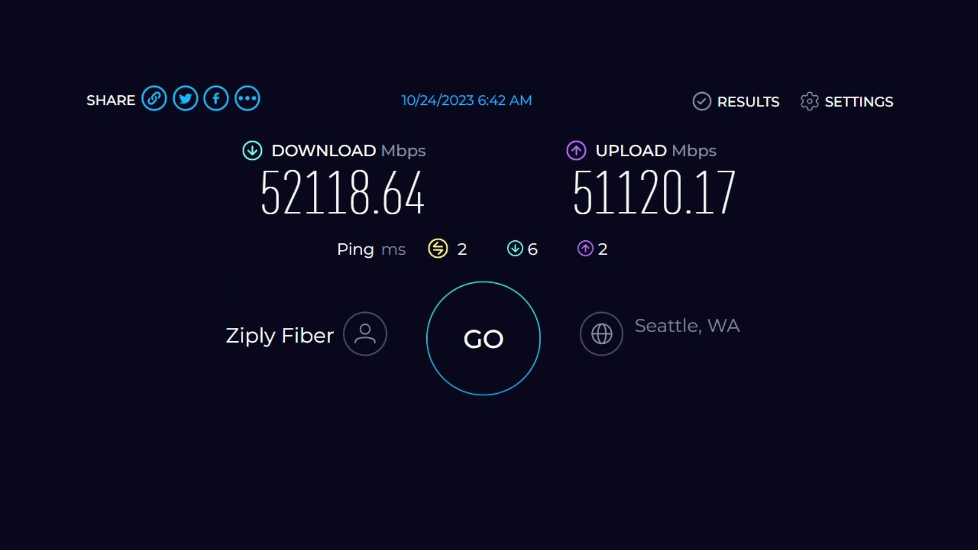 Ziply Fiber speed test of 50-Gig service 
