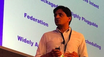 eBay's Ashwin Raveendran addresses the Open Networking User Group conference. 