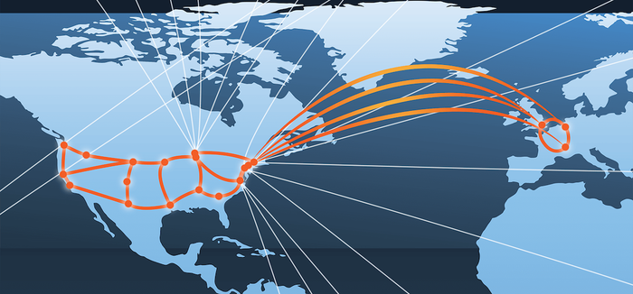 Illustration of the ESnet6 backbone over a world map. (Source: Berkeley Lab)