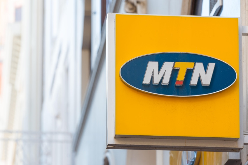 Shop sign on exterior facade of building in Cape Town city centre for MTN mobile