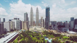 Kuala Lumpur skyline with skyscrapers including the Petronas towers.
