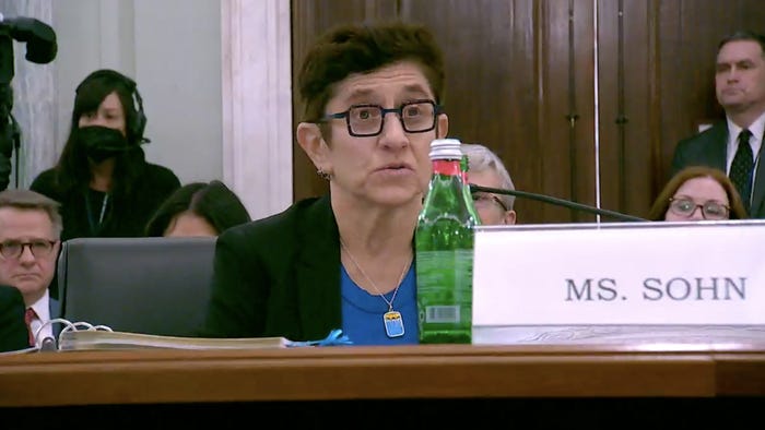 Gigi Sohn at her third nomination hearing before the US Senate on February 14, 2023. (Source: Screenshot via Senate Committee on Commerce, Science and Transportation)