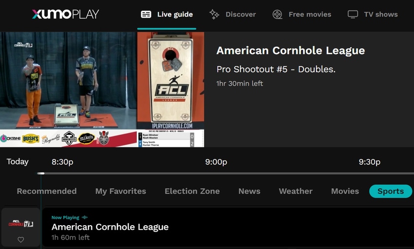  Xumo Play ACL Cornhole TV screencap taken 6/27/2024