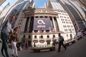 Altice USA banner on The New York Stock Exchange building 