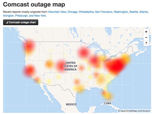 Downdetector live outage map, about 4:35 p.m. ET Friday. 