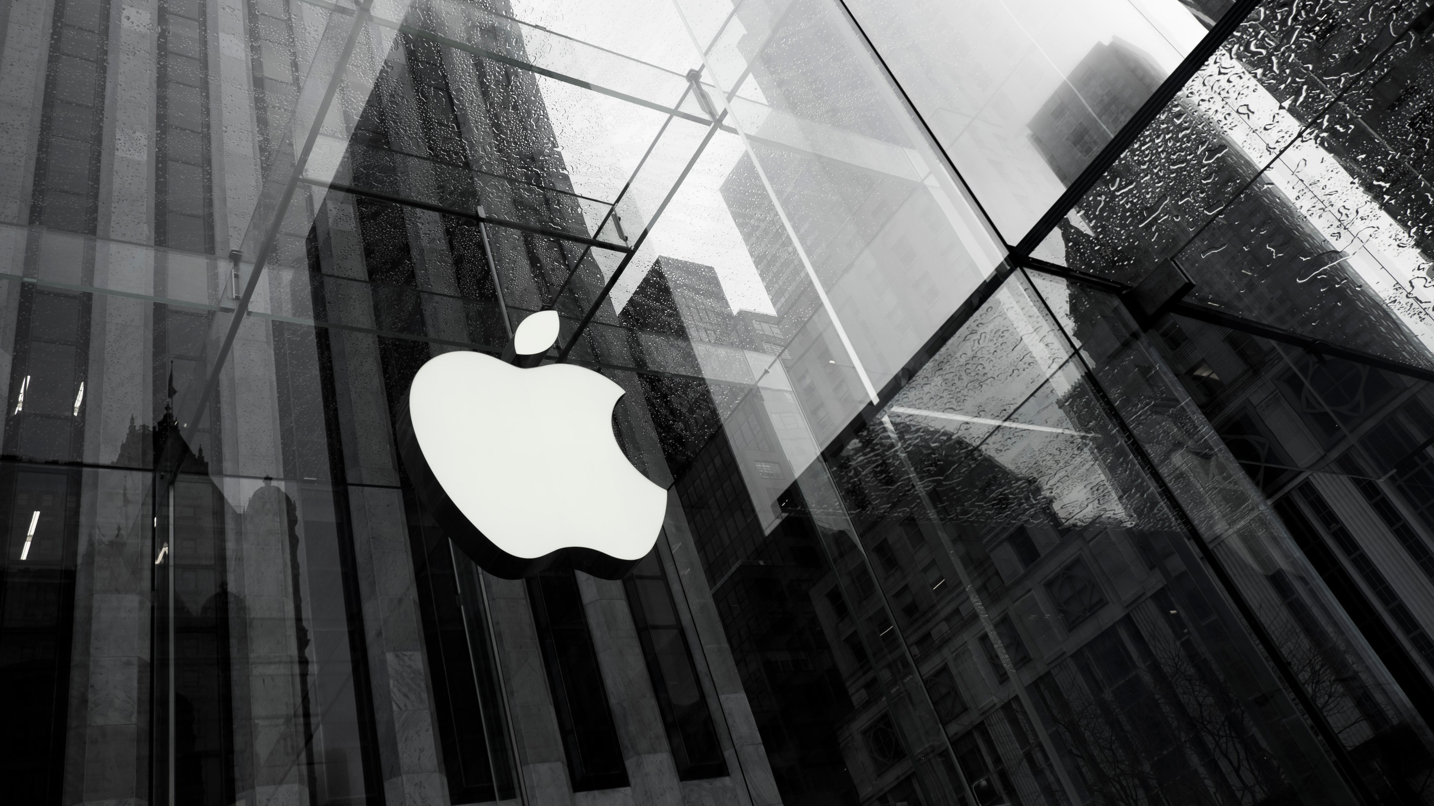 Apple logo at the underground Apple store on Fifth Avenue, near Central Park, New York, US