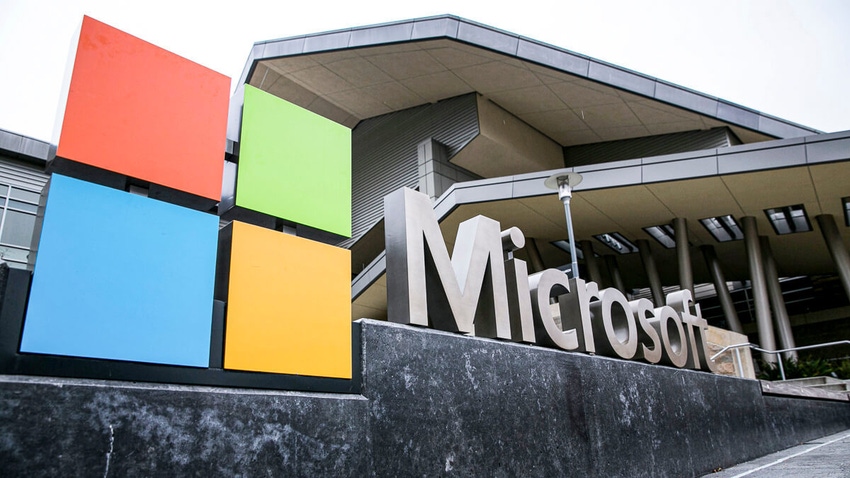 Close-up of the Microsoft logo on a sign outside their headquarters