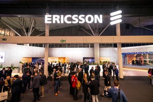 Ericsson stand with logo sign at MWC 2023