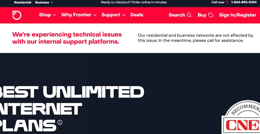 Frontier posted a warning on its website about "technical issues." 