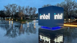 Intel sign outside headquarters on a rainy day