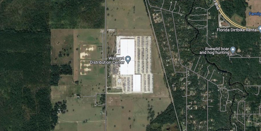 Location coordinates in an FCC filing indicate XCOM testing at two Walmart distribution centers. Pictured is Walmart's Brooksville, Florida, location.