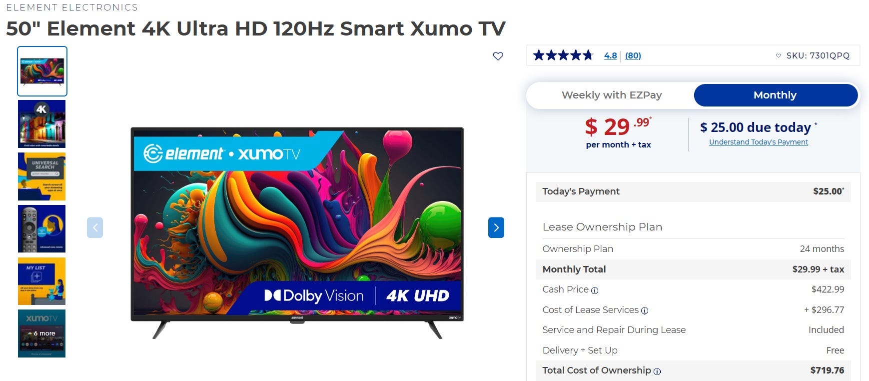 Screenshot of Aarons rent to own web site showing a Xumo TV. Screenshot taken Oct. 12, 2023