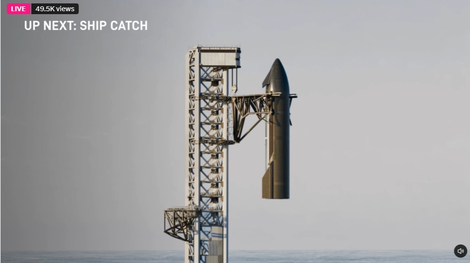 (Source: SpaceX Q2 2026 investor call) Screenshot of a simulation showing a tower catch of the upper 'Ship' stage of SpaceX's Starship launch vehicle. 