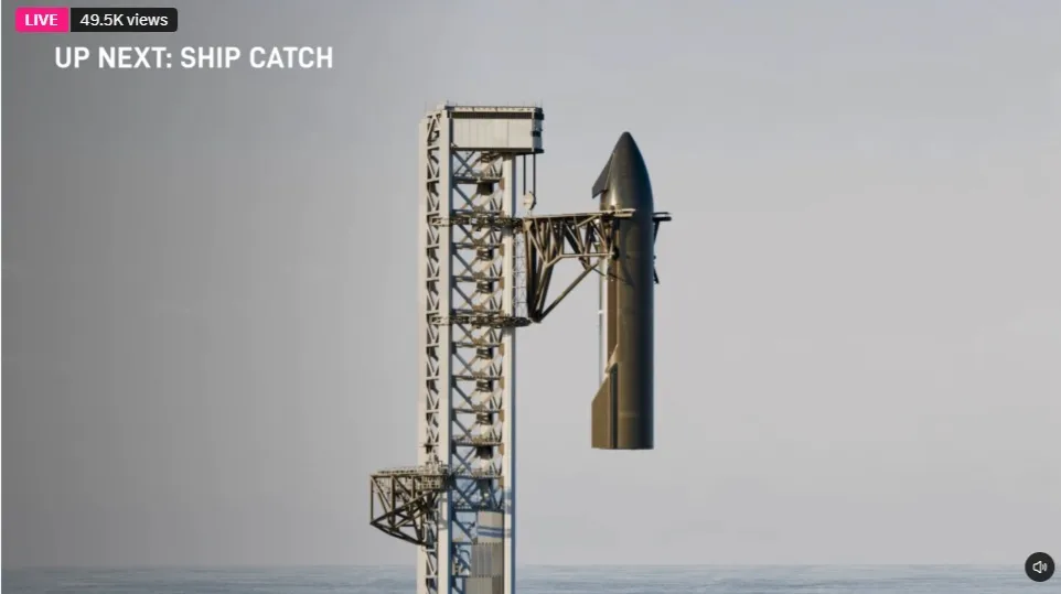 (Source: SpaceX Q2 2026 investor call) Screenshot of a simulation showing a tower catch of the upper 'Ship' stage of SpaceX's Starship launch vehicle. (Source: SpaceX Q2 2026 investor call) Screenshot of a simulation showing a tower catch of the upper 'Ship' stage of SpaceX's Starship launch vehicle.