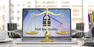 Net neutrality text on a computer screen and a golden law scales balance