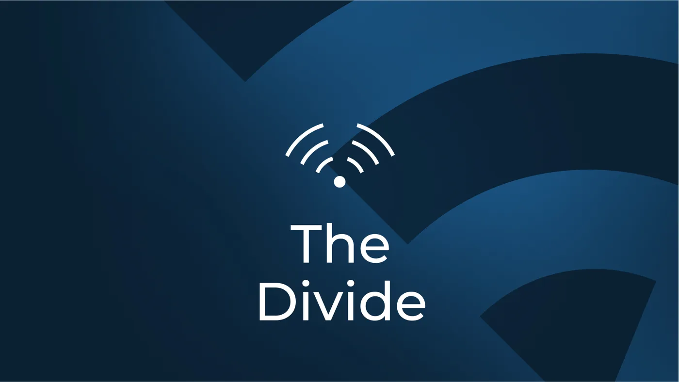 The Divide logo shows a split Wi-Fi symbol with the words The Divide underneath on a blue background The Divide logo shows a split Wi-Fi symbol with the words The Divide underneath on a blue background
