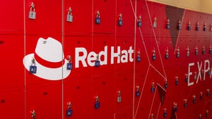 Lockers with Red Hat logo written on them