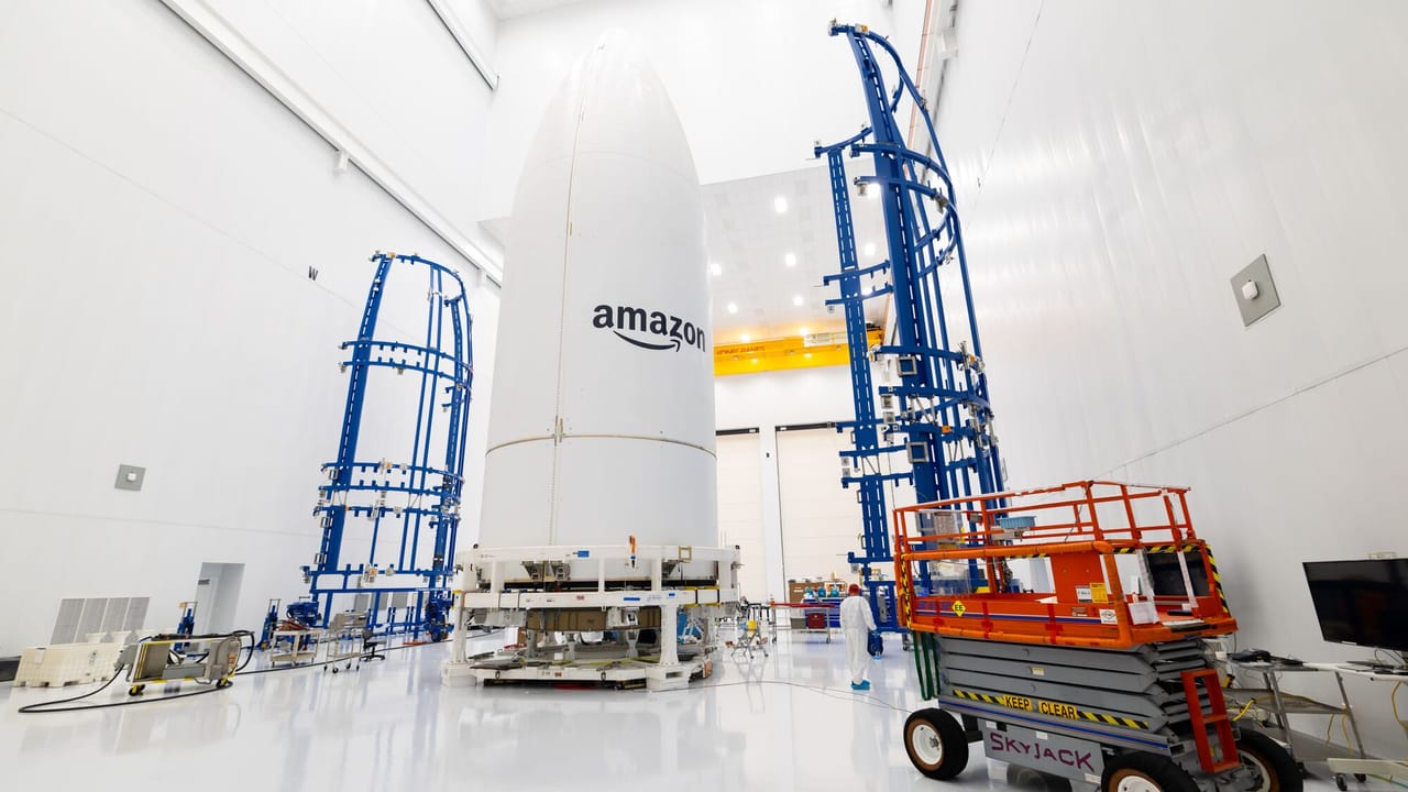 A payload being prepared to send Amazon Leo satellites into orbit