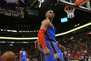 The Oklahoma City Thunder's Russell Westbrook reacts after dunking against the Miami Heat at AmericanAirlines Arena in Miami on February 1, 2019.