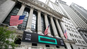 HPE's logo in front of the New York Stock Exchange
