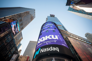 Roku logo projected on electric billboard in Times Square
