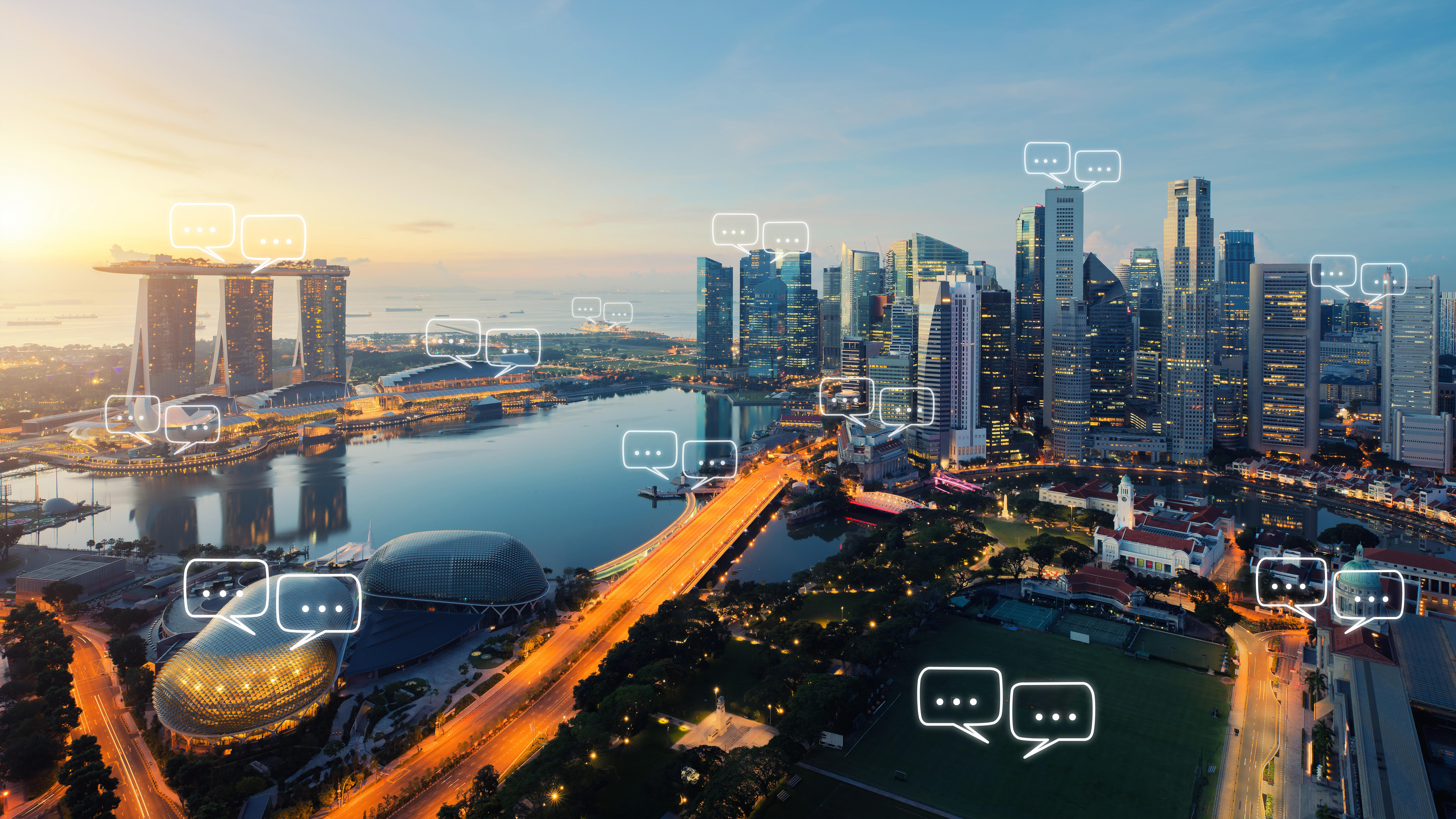  Blank space for text on Singapore city skyline with speech bubbles overlaid