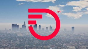 Frontier logo hovering over a city skyline