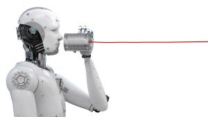 Robot talking into tin can on string