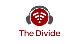 The Divide podcast logo is a split red wi-fi symbol wearing grey headphones