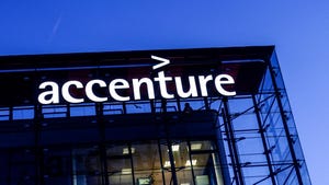 Accenture logo on office building in Prague