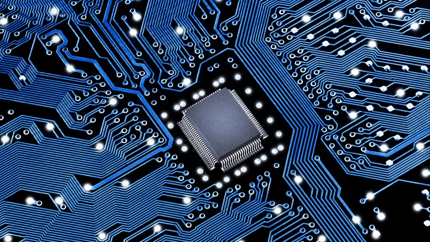 A black and blue microchip semiconductor.