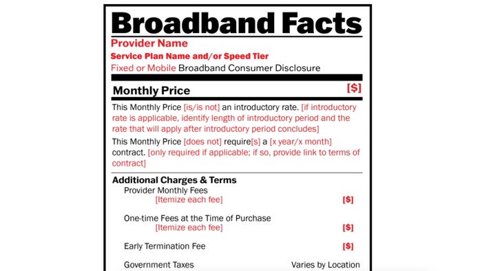 A sample of the new FCC broadband nutrition label. (Click here to see the label design in full. Source: FCC.)