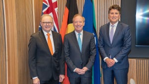 Australian Prime Minister Anthony Albanese; Brad Smith, Microsoft president; Steven Worrall, managing director, Microsoft Australia and New Zealand